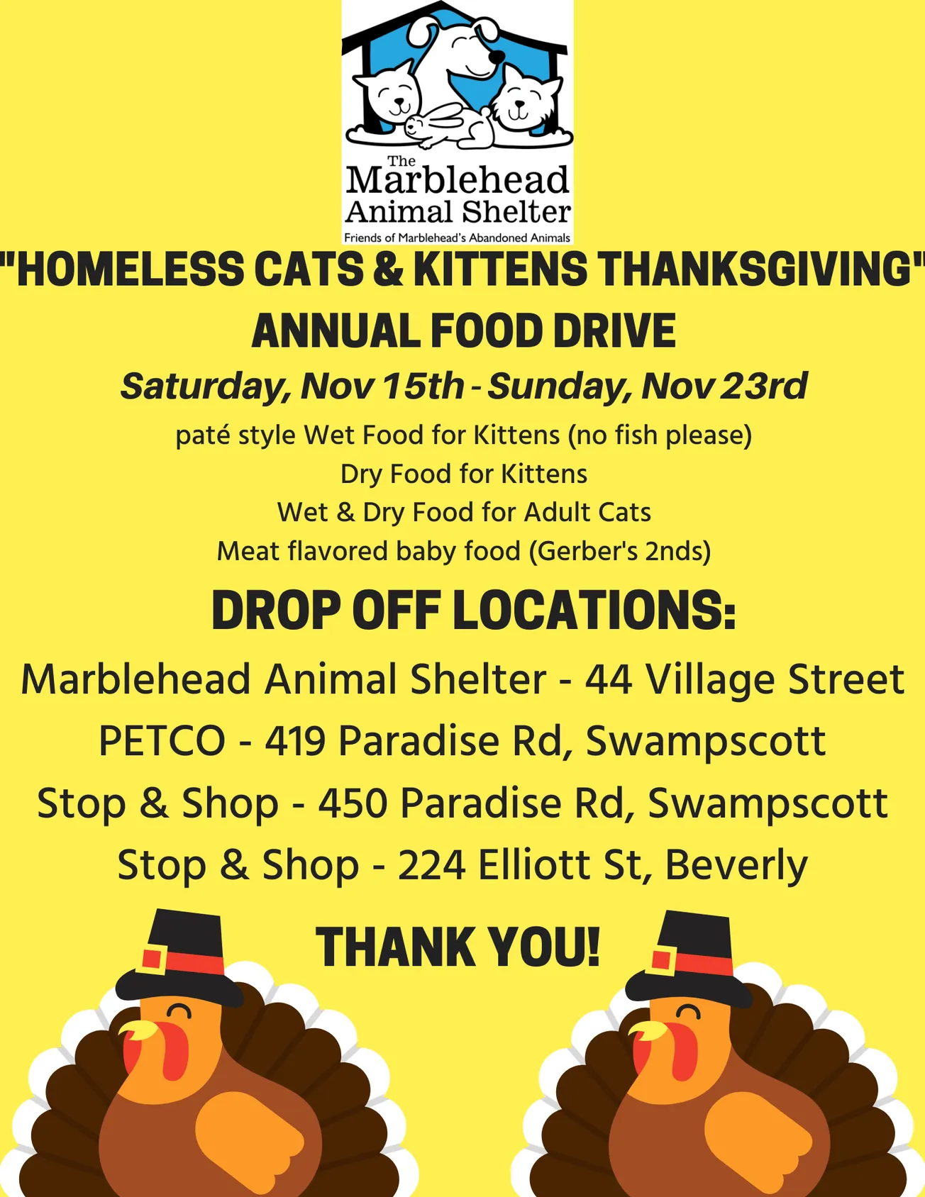 Marblehead Animal Shelter to hold Thanksgiving food drive for cats and kittens